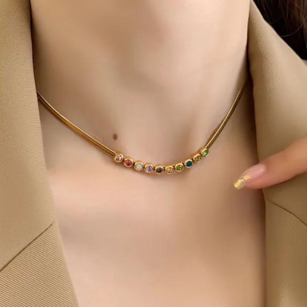 Gold Herringbone Snake Chain Rainbow Crystal Necklace 316L Stainless Steel 4mm
